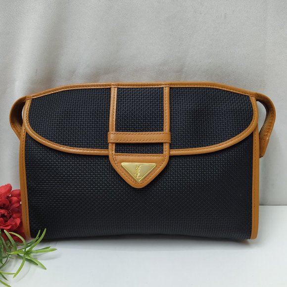 Authentic YSL - Yves Saint Laurent clutch bag Vintage PVC leather black/ brown - Picture 1 of 15